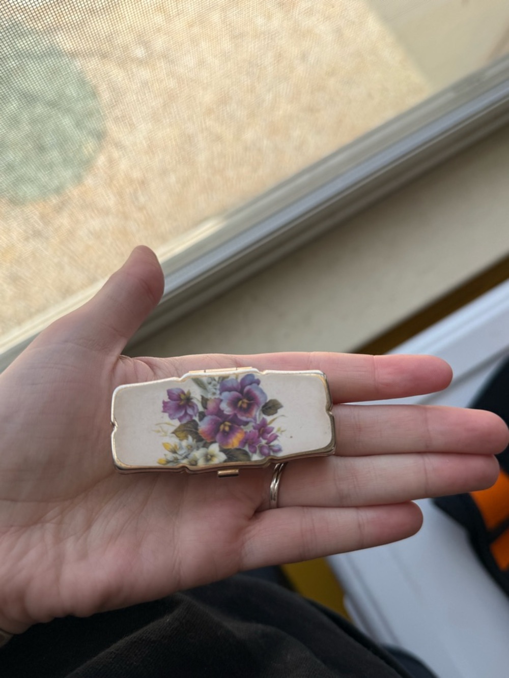Vintage Floral Pill Box with Gold Trim